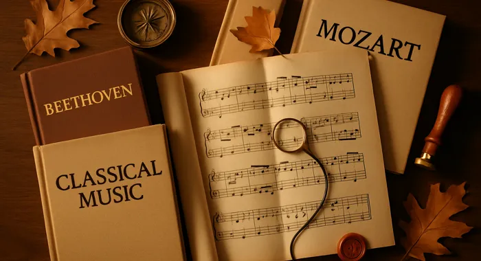 Classical music books, sheet music, and scholarly instruments arranged on a dark wood surface