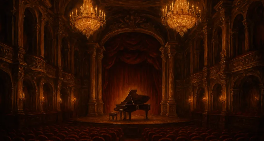 A grand concert hall with golden baroque details and a central grand piano
