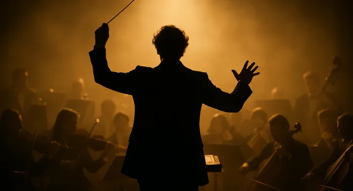 A conductor silhouette before a full symphony orchestra on stage