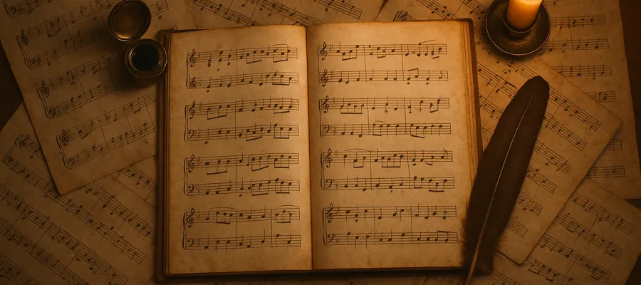 Open vintage music manuscript with handwritten notation, quill pen, and scattered sheet music