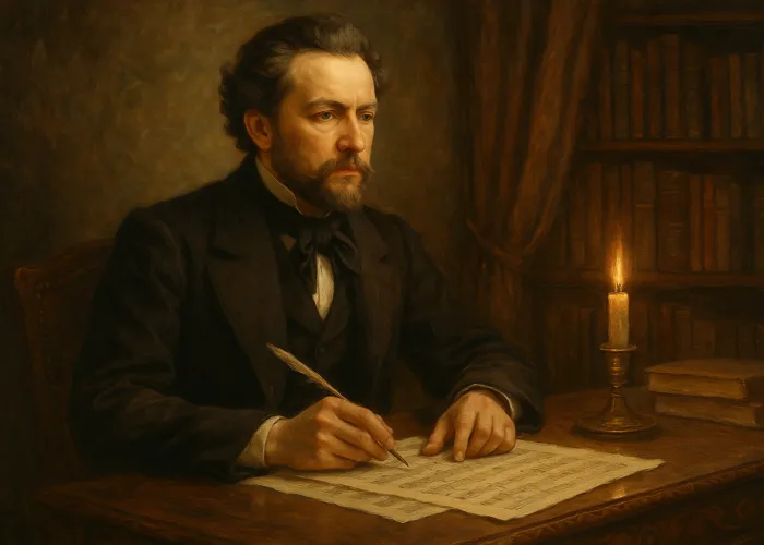 Romantic portrait of a 19th-century Russian composer at his writing desk