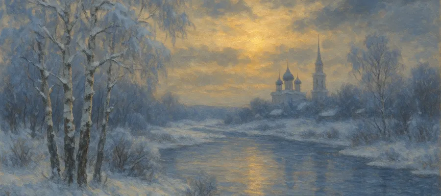 A Russian winter landscape with birch trees, snow, and a distant church spire