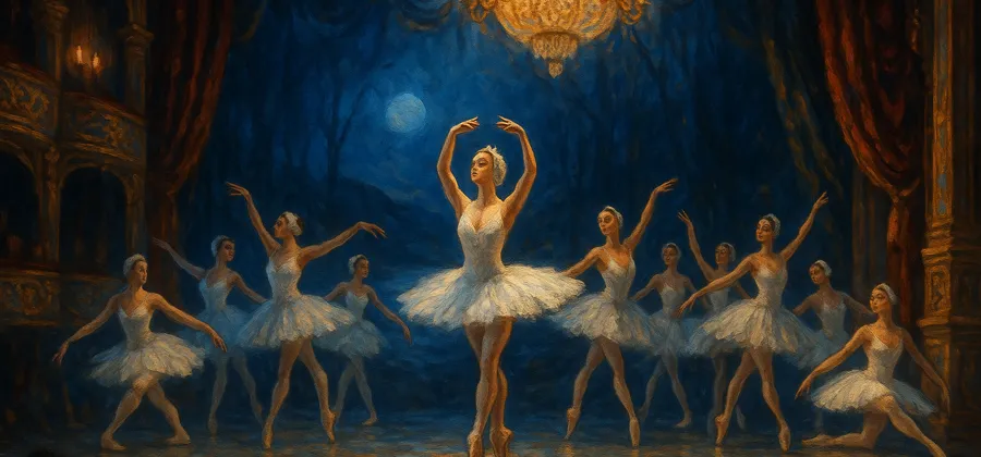 Ballet dancers in white swan costumes on a dramatically lit stage with a gilded theatre interior
