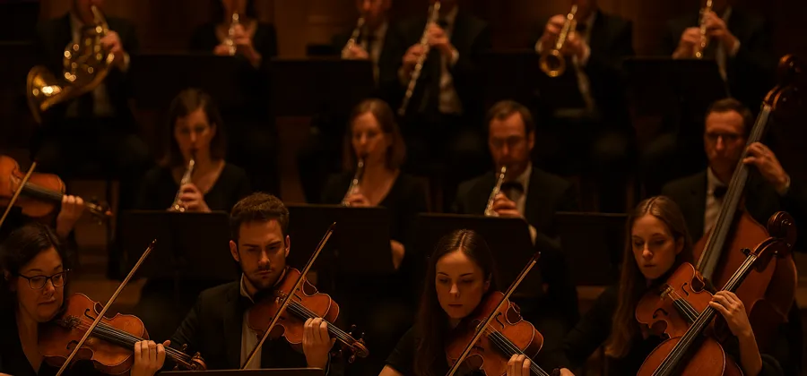 A full symphony orchestra viewed from the conductor's perspective in a concert hall