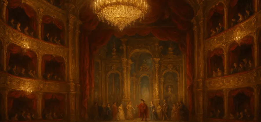A grand 19th-century European opera house with gilded tiers, red velvet, and a lit chandelier